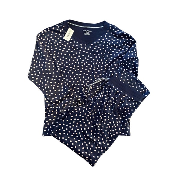NWT Nautica Navy Pink and White Polka Dot Fleece V Neck Panama Set - Picture 2 of 6